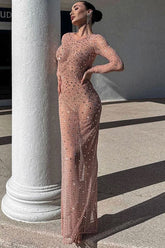 Robe longue fendue en maille transparente à col rond et manches longues avec strass scintillants - Rose